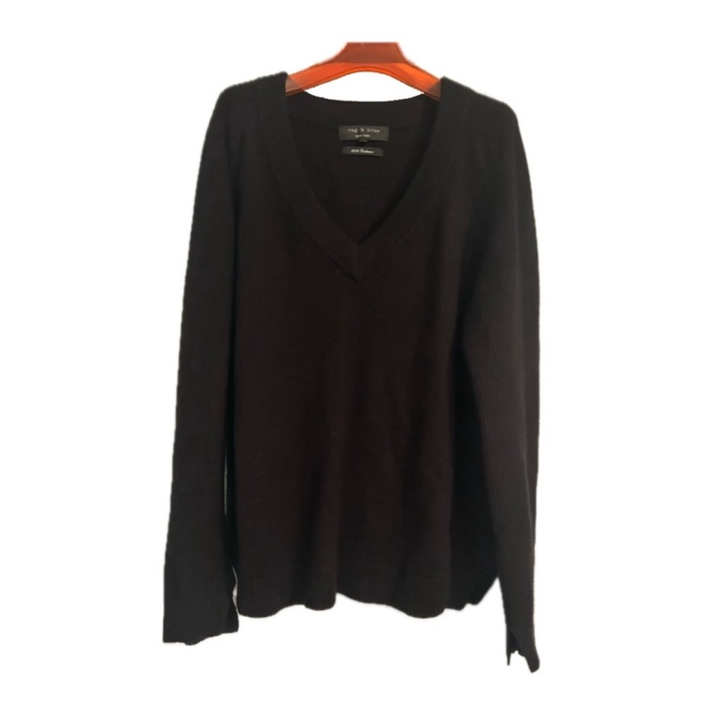 rag & bone 100% Cashmere Black V-Neck Sweater, Ribbed Panel Pierce variant